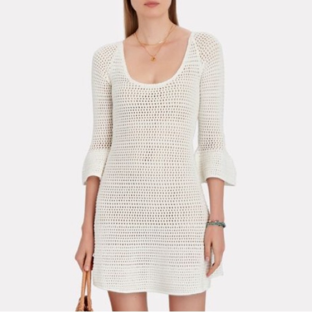 Intermix Mara Flared Knit Dress Crocheted Ivory Nude Lining 3/4 Bell Sleeve